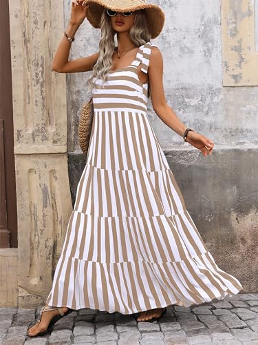 PRETTYGARDEN Women Dresses 2024 Summer Striped Sleeveless Maxi Dress Casual Spaghetti Strap Tiered Flowy Beach Long Dress(Striped Khaki,Large)