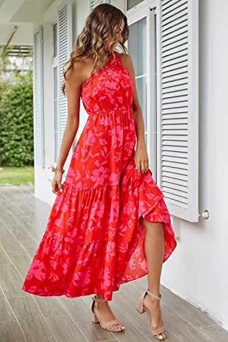 PRETTYGARDEN Women's Floral Maxi Dress 2024 Knot One Shoulder Sleeveless Ruffle Hem Flowy Boho Dresses (Red Floral,Large)