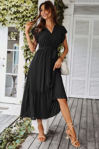 PRETTYGARDEN Women's 2024 Floral Boho Dress Wrap V Neck Short Sleeve Belted Ruffle Hem A-Line Flowy Maxi Dresses (Solid Black,Small)