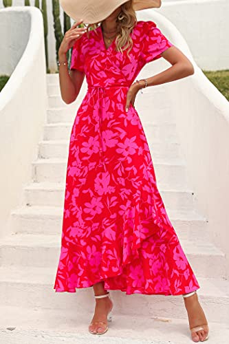 PRETTYGARDEN Women's Summer Wrap Maxi Dress Casual Boho Floral V Neck Short Sleeve Ruffle Hem Split Beach Long Dresses (Red Floral,Medium)