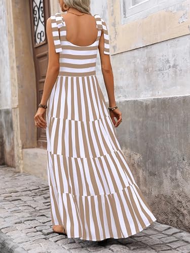 PRETTYGARDEN Women Dresses 2024 Summer Striped Sleeveless Maxi Dress Casual Spaghetti Strap Tiered Flowy Beach Long Dress(Striped Khaki,Large)