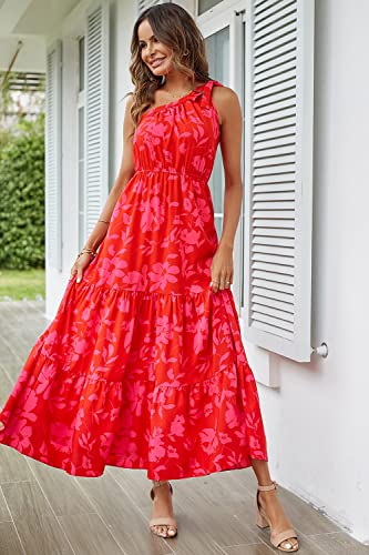 PRETTYGARDEN Women's Floral Maxi Dress 2024 Knot One Shoulder Sleeveless Ruffle Hem Flowy Boho Dresses (Red Floral,Large)