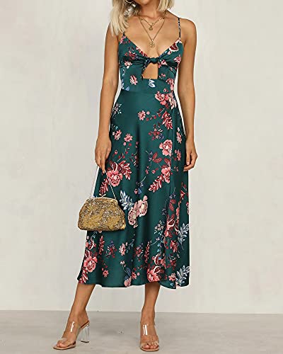 Fashionme Women Spaghetti Strap Midi Satin Dresses Tie Front Backless Split Summer Casual Floral Dress Hollow Flowy Slip Sundress Wedding Guest Beach Cocktail Graduation Dark Green