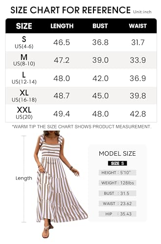 PRETTYGARDEN Women Dresses 2024 Summer Striped Sleeveless Maxi Dress Casual Spaghetti Strap Tiered Flowy Beach Long Dress(Striped Khaki,Large)