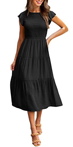 MEROKEETY Women's Summer Smocked Midi Dress Flutter Sleeve Elastic Waist Tiered Midi Long Dress,Black,XS