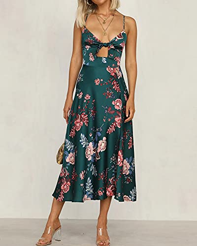 Fashionme Women Spaghetti Strap Midi Satin Dresses Tie Front Backless Split Summer Casual Floral Dress Hollow Flowy Slip Sundress Wedding Guest Beach Cocktail Graduation Dark Green