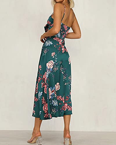 Fashionme Women Spaghetti Strap Midi Satin Dresses Tie Front Backless Split Summer Casual Floral Dress Hollow Flowy Slip Sundress Wedding Guest Beach Cocktail Graduation Dark Green