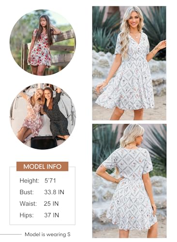 Dokotoo Womens Summer Dresses Short Sleeve Casual V Neck Floral Printed Boho Swing Mini Dress for Women Sundresses 2024 White X-Large