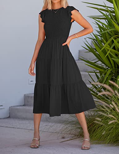 MEROKEETY Women's Summer Smocked Midi Dress Flutter Sleeve Elastic Waist Tiered Midi Long Dress,Black,XS