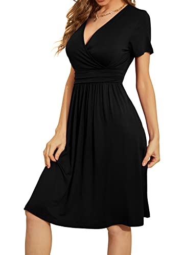 WEACZZY Summer Dress for Women Casual Short Sleeve Black Dresses Wrap V-Neck Party Dress with Pockets, Black, Large