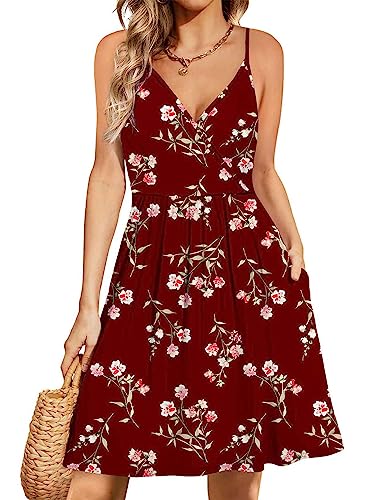 WEACZZY Summer Dresses for Women Casual Floral Sundresses Aline Flowy Mini Spaghetti Strap Beach Dress with Pockets, Flower Red, X-Large