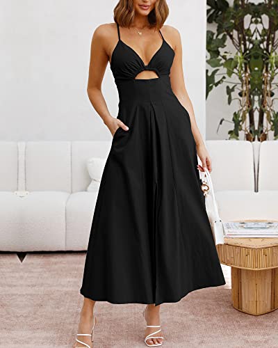 BTFBM Women 2024 Summer Spaghetti Strap Dress Sleeveless V Neck Cutout Slit Casual Beach Party Maxi Dresses with Pockets(Solid Black, Medium)