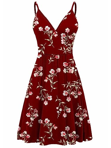 WEACZZY Summer Dresses for Women Casual Floral Sundresses Aline Flowy Mini Spaghetti Strap Beach Dress with Pockets, Flower Red, X-Large