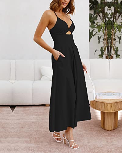 BTFBM Women 2024 Summer Spaghetti Strap Dress Sleeveless V Neck Cutout Slit Casual Beach Party Maxi Dresses with Pockets(Solid Black, Medium)