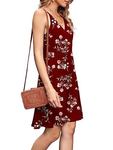 WEACZZY Summer Dresses for Women Casual Floral Sundresses Aline Flowy Mini Spaghetti Strap Beach Dress with Pockets, Flower Red, X-Large