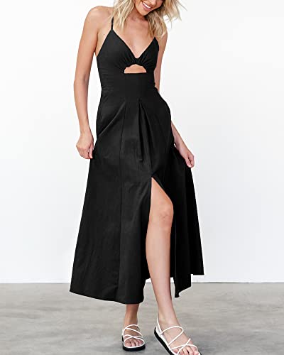 BTFBM Women 2024 Summer Spaghetti Strap Dress Sleeveless V Neck Cutout Slit Casual Beach Party Maxi Dresses with Pockets(Solid Black, Medium)