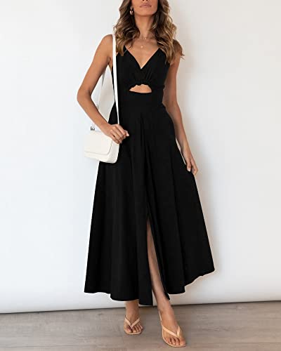 BTFBM Women 2024 Summer Spaghetti Strap Dress Sleeveless V Neck Cutout Slit Casual Beach Party Maxi Dresses with Pockets(Solid Black, Medium)