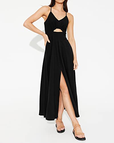 BTFBM Women 2024 Summer Spaghetti Strap Dress Sleeveless V Neck Cutout Slit Casual Beach Party Maxi Dresses with Pockets(Solid Black, Medium)
