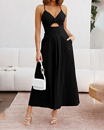 BTFBM Women 2024 Summer Spaghetti Strap Dress Sleeveless V Neck Cutout Slit Casual Beach Party Maxi Dresses with Pockets(Solid Black, Medium)