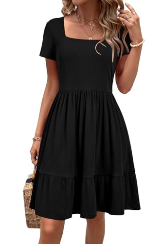 Newshows Summer Dresses for Women 2024 Short Sleeve Square Neck Babydoll Dresses Casual Beach Vacation Outfits Aline Ruffle Flowy Sundress Trendy with Pockets(Black,L)