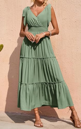 PRETTYGARDEN Women's Cross Neck Summer Sleeveless Tiered Maxi Dress Beach Tie Strap Smocked Long Dresses Pleated Sundress (Grey Green,Large)