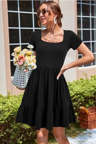 Newshows Summer Dresses for Women 2024 Short Sleeve Square Neck Babydoll Dresses Casual Beach Vacation Outfits Aline Ruffle Flowy Sundress Trendy with Pockets(Black,L)