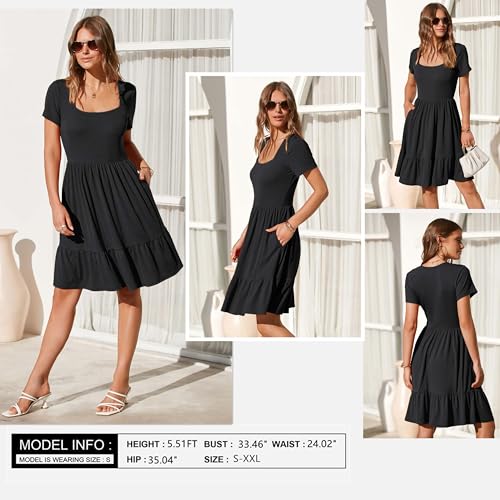 Newshows Summer Dresses for Women 2024 Short Sleeve Square Neck Babydoll Dresses Casual Beach Vacation Outfits Aline Ruffle Flowy Sundress Trendy with Pockets(Black,L)