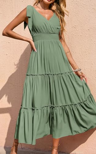PRETTYGARDEN Women's Cross Neck Summer Sleeveless Tiered Maxi Dress Beach Tie Strap Smocked Long Dresses Pleated Sundress (Grey Green,Large)
