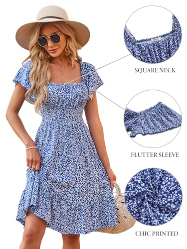 TORARY Sun Dresses for Women 2024 Square Neck Flutter Sleeve Resort Wear Womens Petite Summer Dress Blue Floral