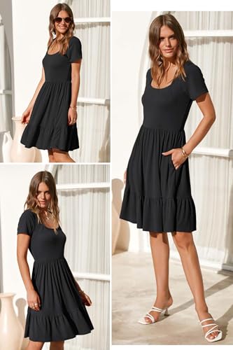 Newshows Summer Dresses for Women 2024 Short Sleeve Square Neck Babydoll Dresses Casual Beach Vacation Outfits Aline Ruffle Flowy Sundress Trendy with Pockets(Black,L)