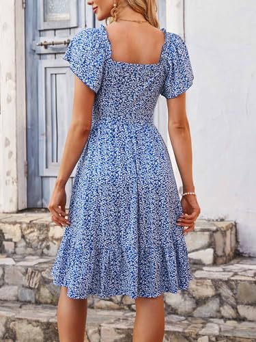 TORARY Sun Dresses for Women 2024 Square Neck Flutter Sleeve Resort Wear Womens Petite Summer Dress Blue Floral