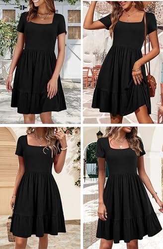 Newshows Summer Dresses for Women 2024 Short Sleeve Square Neck Babydoll Dresses Casual Beach Vacation Outfits Aline Ruffle Flowy Sundress Trendy with Pockets(Black,L)
