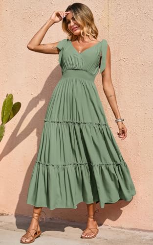 PRETTYGARDEN Women's Cross Neck Summer Sleeveless Tiered Maxi Dress Beach Tie Strap Smocked Long Dresses Pleated Sundress (Grey Green,Large)