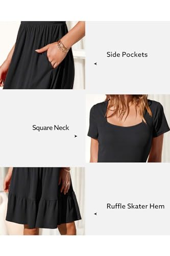 Newshows Summer Dresses for Women 2024 Short Sleeve Square Neck Babydoll Dresses Casual Beach Vacation Outfits Aline Ruffle Flowy Sundress Trendy with Pockets(Black,L)