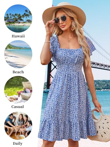 TORARY Sun Dresses for Women 2024 Square Neck Flutter Sleeve Resort Wear Womens Petite Summer Dress Blue Floral