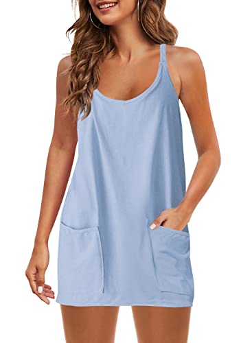Panadila Womens Summer Sleeveless Mini Dress V Neck Spaghetti Strap Sundress Athletic Short Dress with Pockets (Oxygen Blue,S)