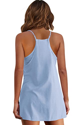 Panadila Womens Summer Sleeveless Mini Dress V Neck Spaghetti Strap Sundress Athletic Short Dress with Pockets (Oxygen Blue,S)