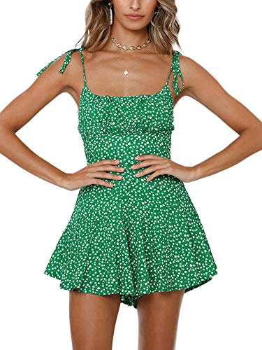 Jeanewpole1 Womens Floral Print Pleated Spaghetti Strap Rompers Cute Ruffle Summer Short Jumpsuit Playsuit Green