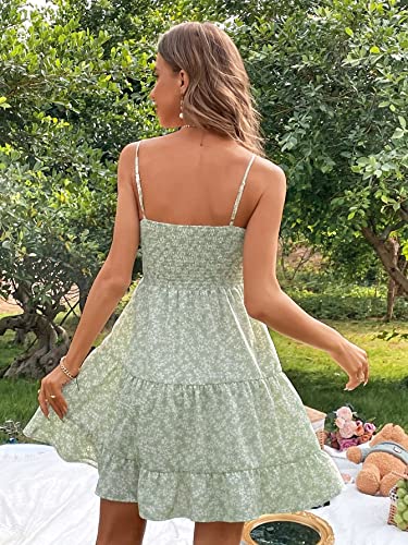 WDIRARA Women's Summer Floral Print Ruched Shirred Ruffle Hem A Line Summer Dress Short Cami Dress Mint Green S
