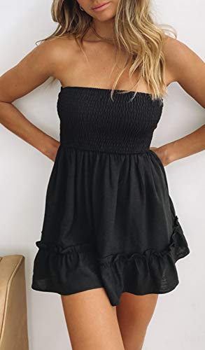 Tsher Tube Top Dress for Women Summer Solid Strapless Mini Dresses, Off The shoudle Ruffle Beach Dress (S, Black Strapless Mini Dresses)…
