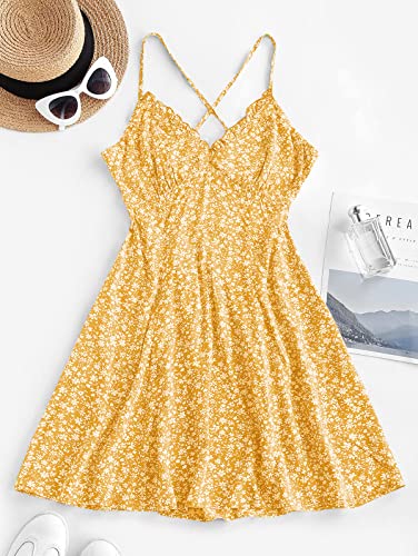 ZAFUL Women's Ditsy Floral Cami Mini Dress V-Neck Cross Back Ruched Frilled A-Line Dress Swing Skater Beach Dress