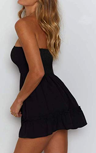 Tsher Tube Top Dress for Women Summer Solid Strapless Mini Dresses, Off The shoudle Ruffle Beach Dress (S, Black Strapless Mini Dresses)…