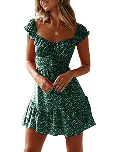 YOBECHO Womens Summer Ruffle Sleeve Sweetheart Neckline Printing Dress Mini Dress (Large, Blackish Green)