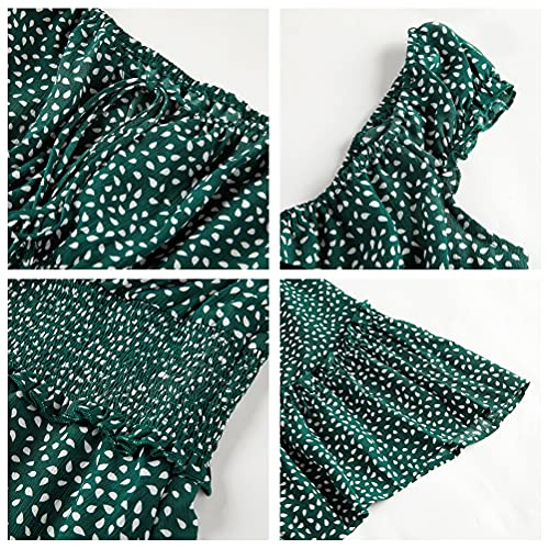 YOBECHO Womens Summer Ruffle Sleeve Sweetheart Neckline Printing Dress Mini Dress (Large, Blackish Green)