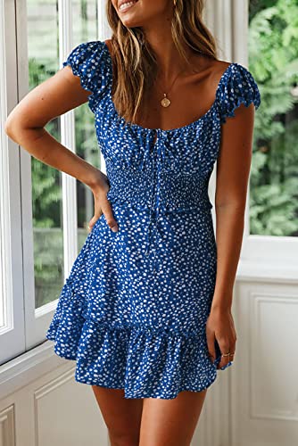 YOBECHO Womens Summer Sexy Sweetheart Collar Printed Ruffle Mini Dress Blue