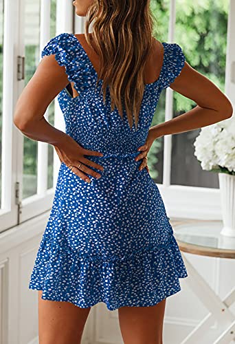 YOBECHO Womens Summer Sexy Sweetheart Collar Printed Ruffle Mini Dress Blue