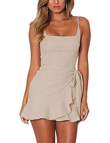 AIMCOO Women's Casual Ruffle Hem Solid Wrap Dress Spaghetti Strap Front Tie Knot Short Dresses Beige