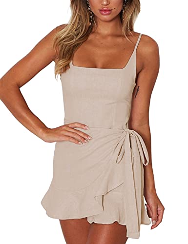 AIMCOO Women's Casual Ruffle Hem Solid Wrap Dress Spaghetti Strap Front Tie Knot Short Dresses Beige