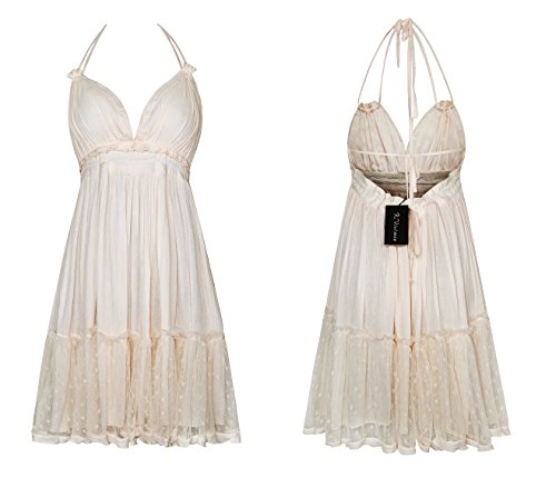 R.Vivimos Womens Summer Halter Deep V Neck Sexy Patchwork Mini Short Dresses (Medium, Beige)