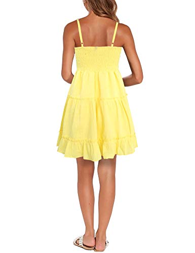 FANCYINN Women Yellow Casual Tiered Mini Dresses Spaghetti Strap V Neck Backless A Line Swing Short Dress with Pockets XS